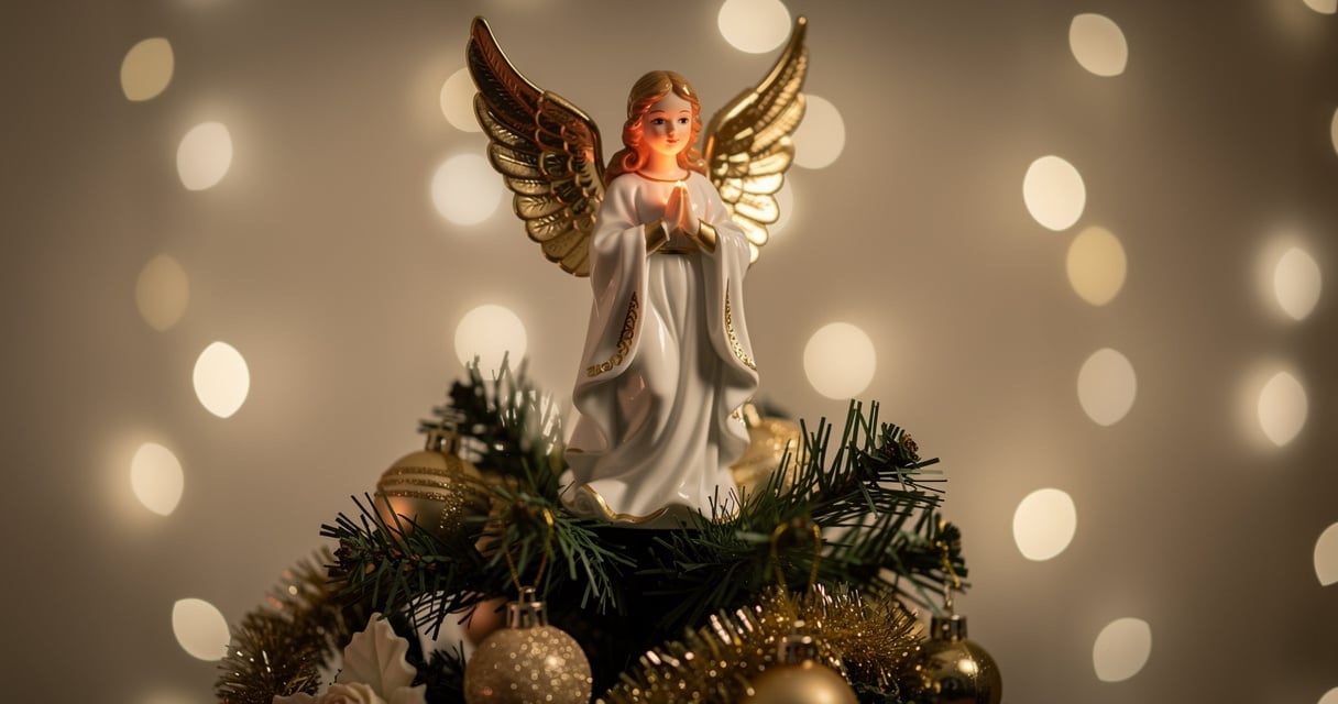 Ange de Noël décoratif en porcelaine doré perché au sommet d un sapin illuminé