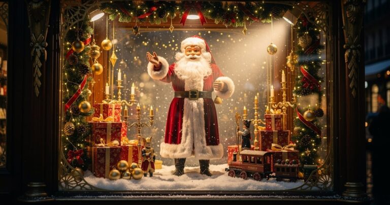 Automate Père Noël animé dans une vitrine de grand magasin parisien