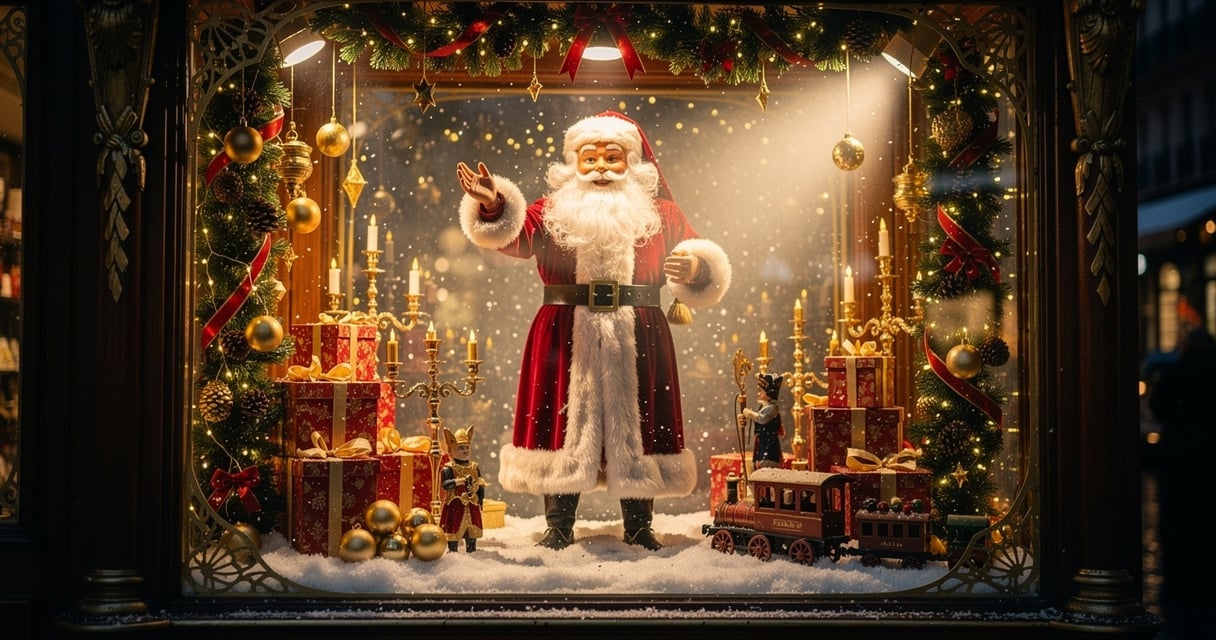 Automate Père Noël animé dans une vitrine de grand magasin parisien