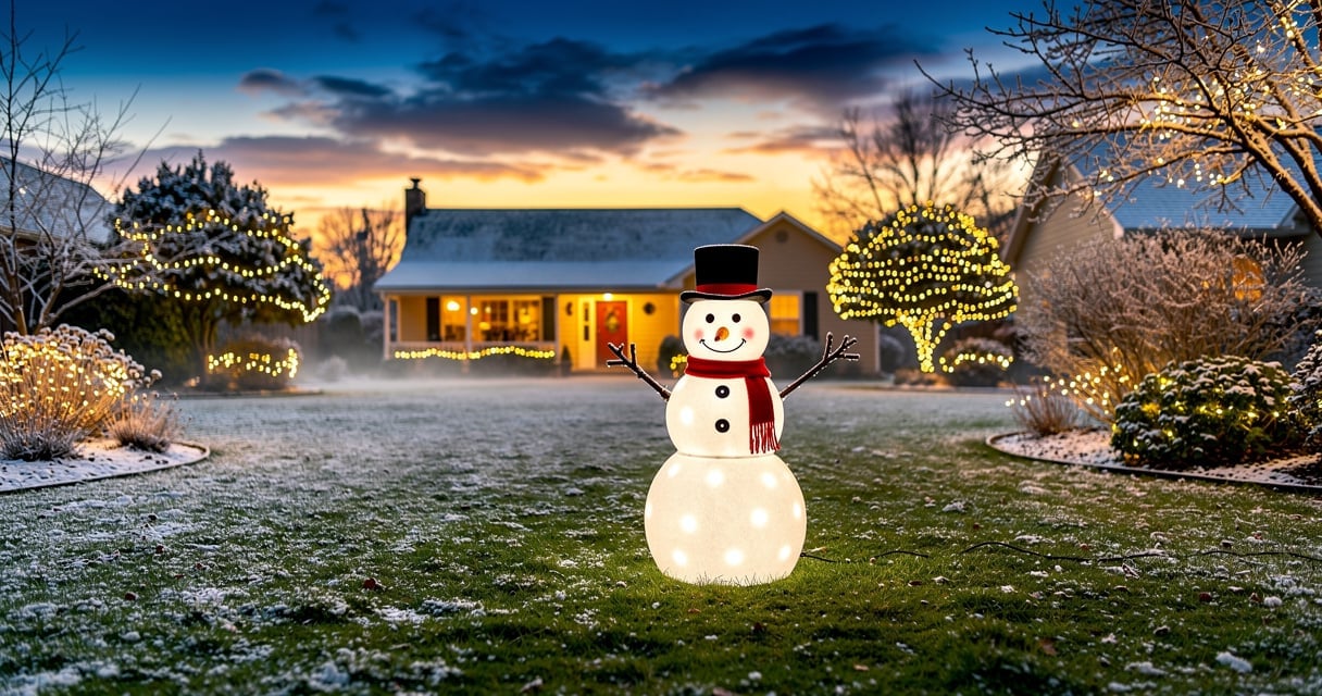 Bonhomme de neige lumineux décorant un jardin en soirée hivernale