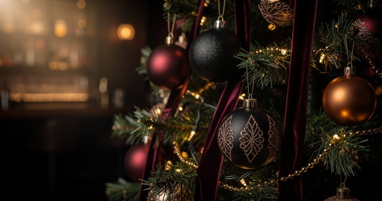 Boules de Noël bordeaux, noir mat et or sur sapin décoré dans une ambiance cosy