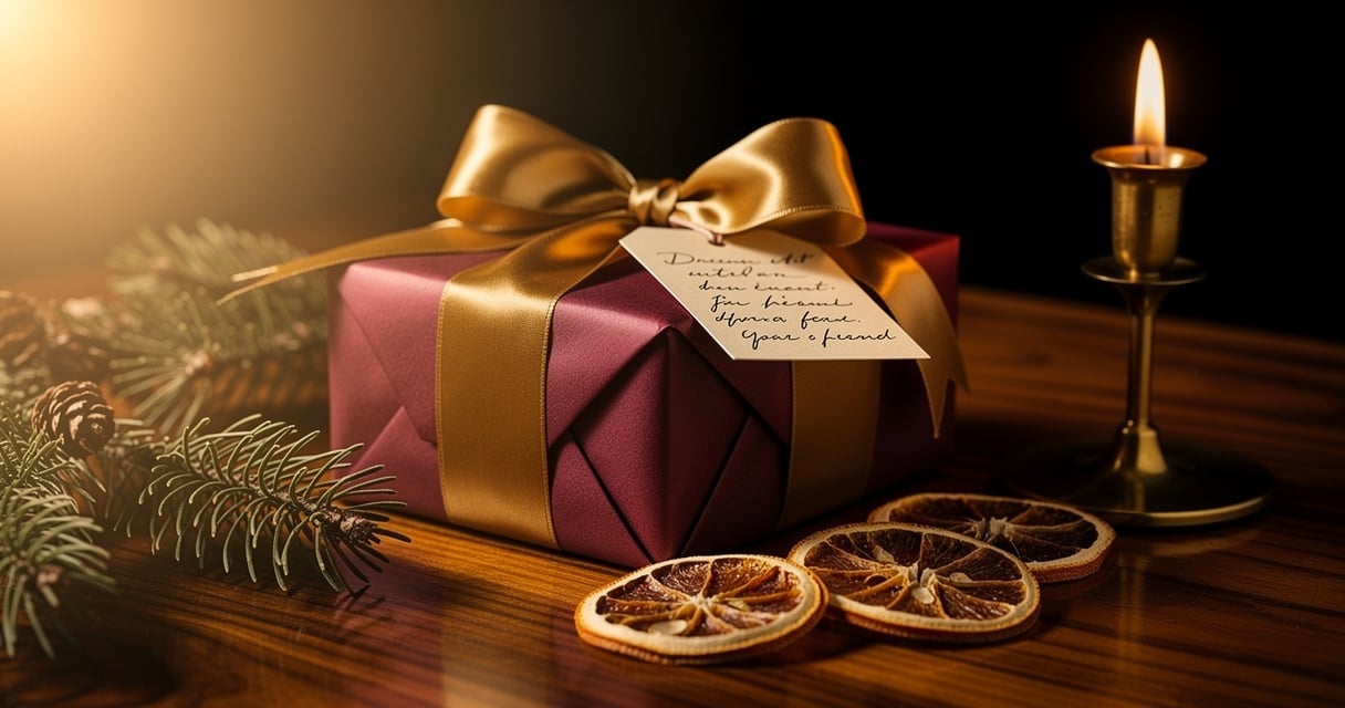 Cadeau de Noël haut de gamme emballé dans un papier bordeaux avec ruban doré