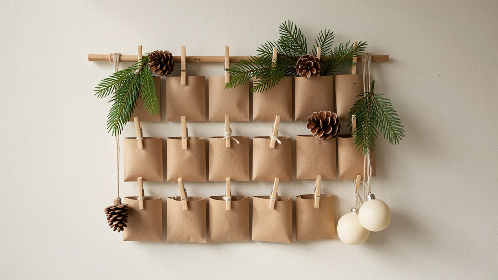 Décoration sobre représentant un calendrier de l’Avent fait maison avec des pochettes en papier kraft, une ficelle, des pinces en bois et des branches de sapin.