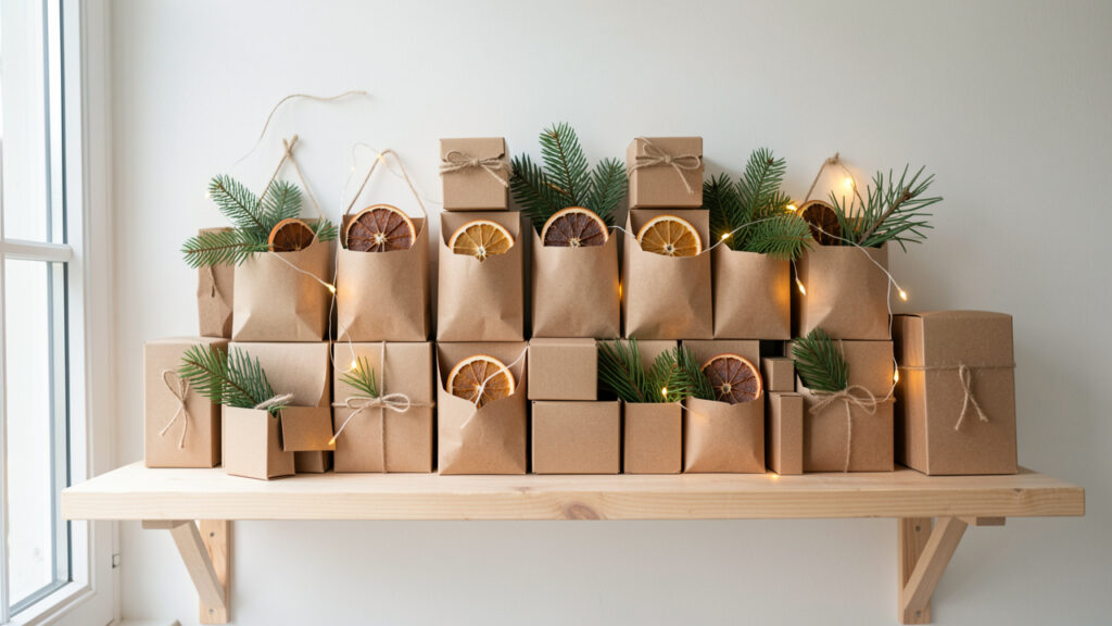 Décoration sobre d’un calendrier de l’Avent fait maison avec des pochettes en papier kraft, des boîtes en carton recyclé, de la ficelle, des branches de pin et des tranches d’orange séchées.