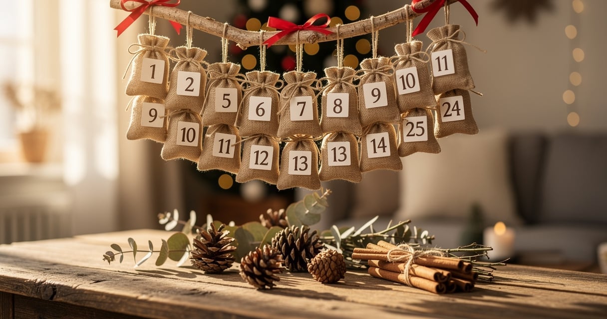 Calendrier de l'Avent artisanal avec 24 pochettes en toile de jute numérotées suspendues sur une branche de bois