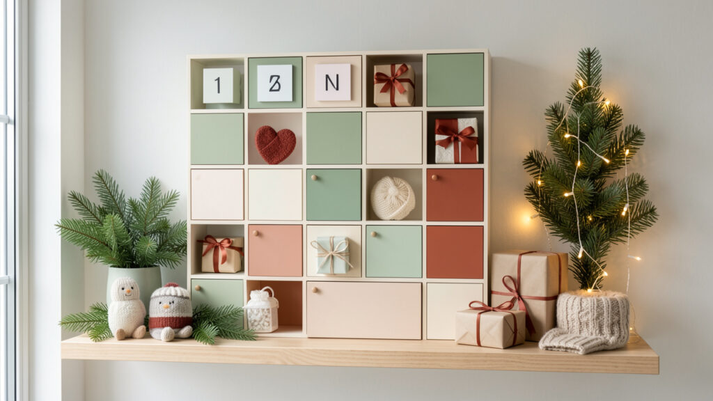 Calendrier de l’Avent décoratif au style moderne, composé de petits tiroirs pastel, de cadeaux emballés et de branches de sapin sur une étagère en bois.