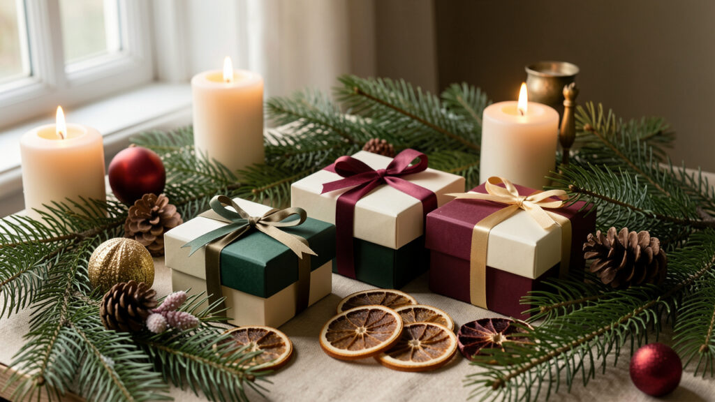 Composition décorative et élégante d’un calendrier de l’Avent avec petites boîtes cadeaux, branches de sapin, rondelles d’orange séchées et bougies.