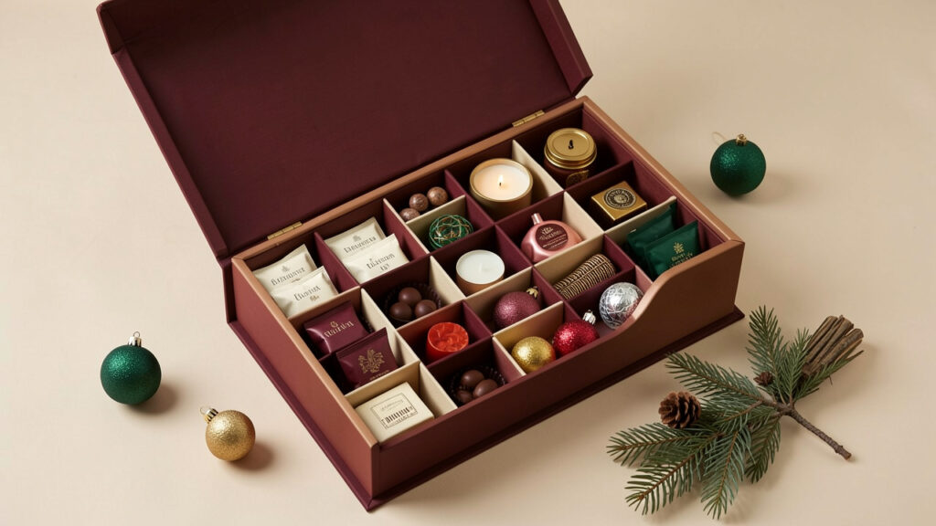 Composition éditoriale sobre présentant un calendrier de l’Avent réutilisable décoré avec des gourmandises, du thé, de petites bougies et des objets utiles dans une ambiance hivernale élégante.