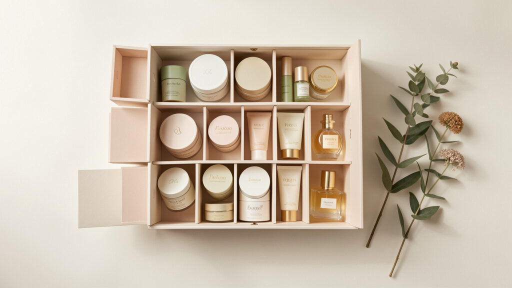 Composition éditoriale sobre présentant un calendrier de l’Avent beauté sans inscriptions, entouré de petits produits cosmétiques et d’éléments botaniques dans des tons doux.