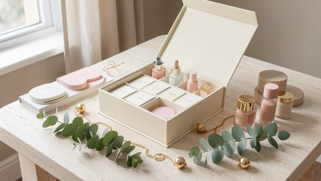 Composition éditoriale sobre d’un calendrier de l’Avent beauté décoré de petits produits cosmétiques, de feuillage d’eucalyptus et d’ornements dorés dans des tons doux.