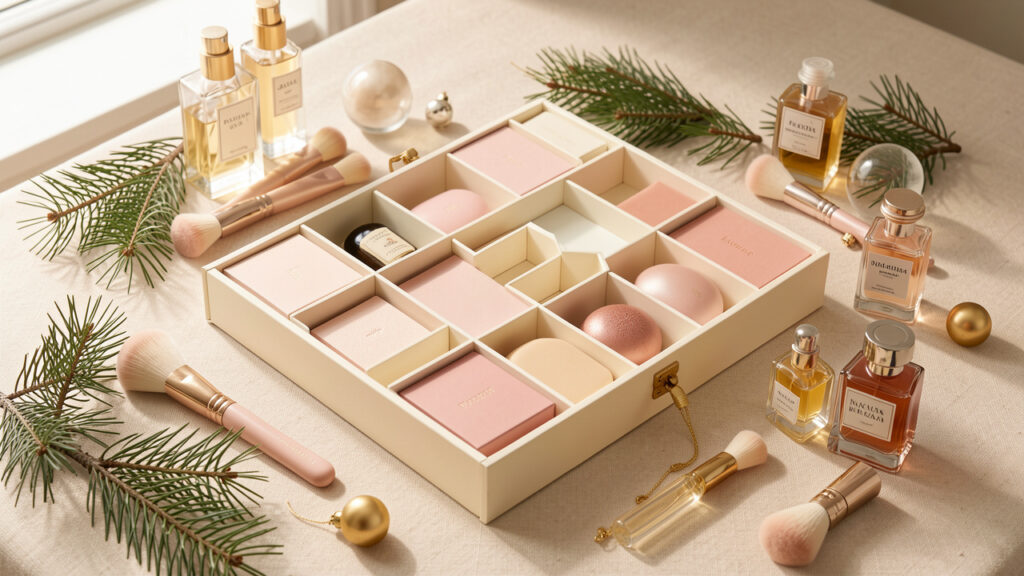 Composition éditoriale sobre présentant un calendrier de l’Avent beauté aux compartiments ivoire et rose poudré, entouré de soins, de flacons de parfum, de pinceaux et de décorations de fête.