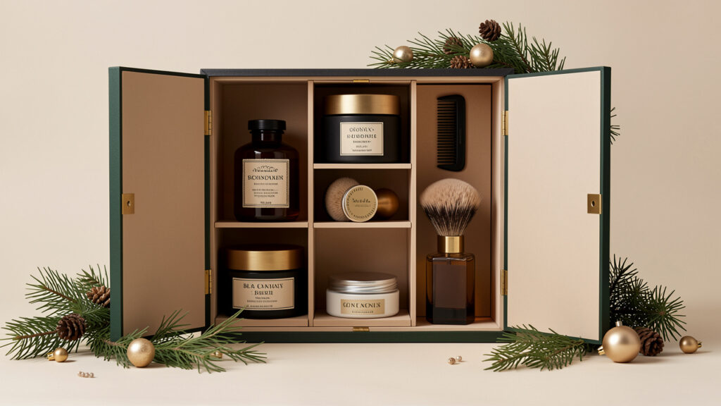 Illustration éditoriale sobre d’un calendrier de l’Avent beauté pour homme avec des soins, des accessoires de barbe et un flacon de parfum, décoré de quelques éléments de fête.