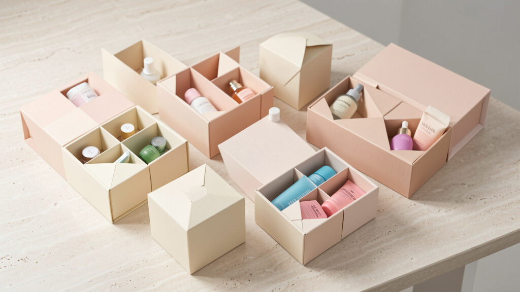 Composition éditoriale sobre présentant plusieurs calendriers de l’Avent beauté abordables et sans marque, avec de petits produits cosmétiques disposés sur une surface claire.