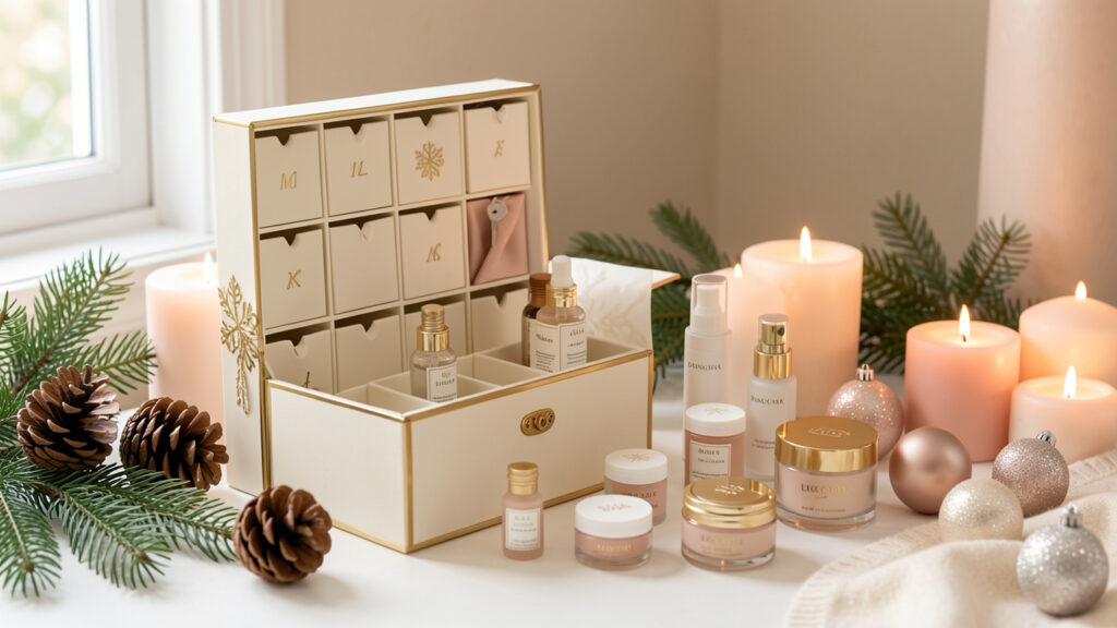Composition éditoriale sobre d’un calendrier de l’Avent beauté élégant entouré de petits produits cosmétiques et de décorations hivernales aux teintes crème et dorées.