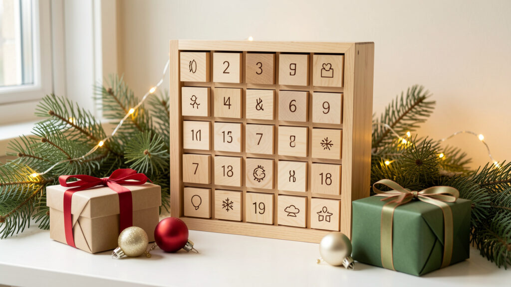 Calendrier de l’Avent en bois décoré de branches de pin, de lumières chaleureuses et de petits cadeaux dans une composition festive sobre.