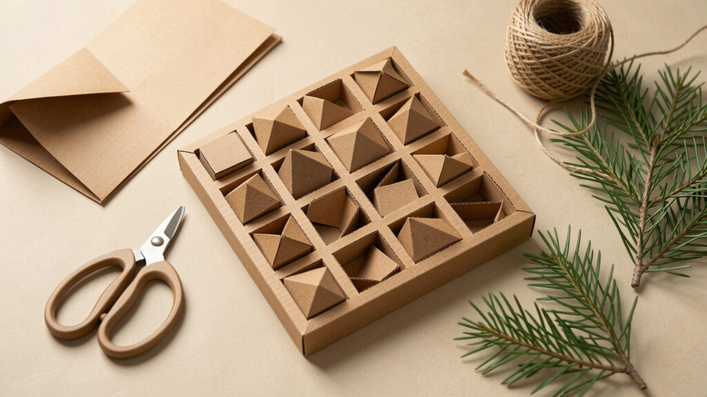 Calendrier de l’Avent fait main en carton, accompagné de fournitures créatives et de branches de sapin sur une table claire.