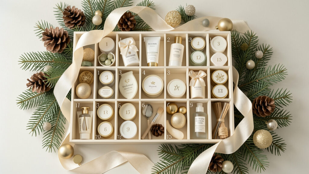 Calendrier de l’Avent élégant contenant de petits soins cosmétiques, décoré de branches de sapin, de pommes de pin et de rubans aux tons ivoire, vert sauge et doré.