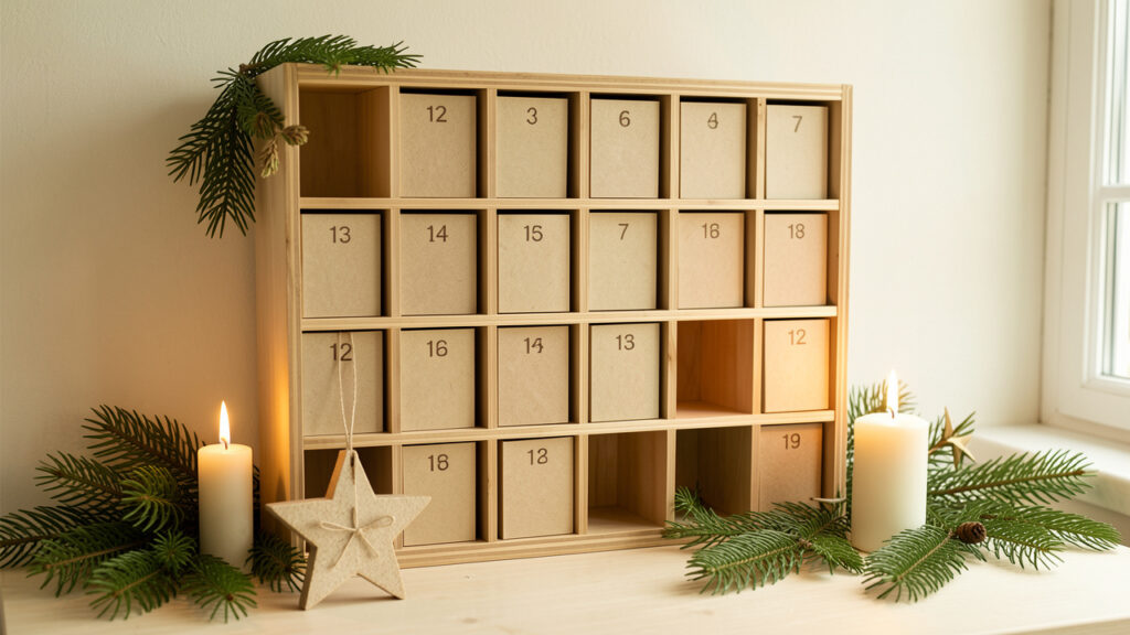 Calendrier de l’Avent en bois décoré de branches de sapin, d’une lumière chaleureuse et d’un ornement en forme d’étoile.