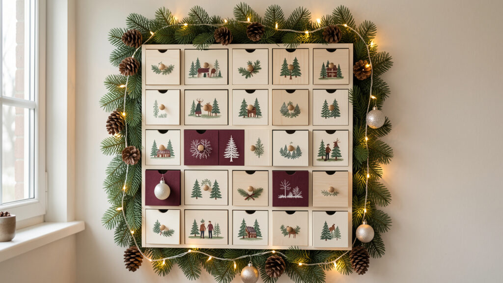 Calendrier de l’Avent artisanal composé de vingt-quatre petits tiroirs, décoré de branches de sapin, de lumières chaleureuses et d’ornements d’hiver dans une ambiance sobre.