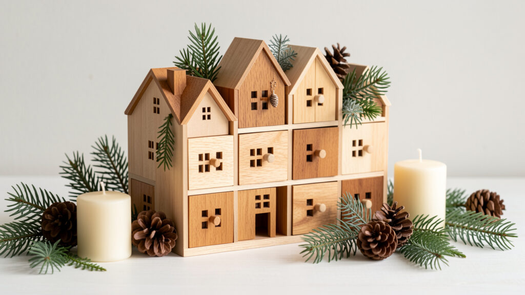 Calendrier de l’Avent en bois décoré de branches de sapin, de pommes de pin et de bougies dans une ambiance sobre et chaleureuse.
