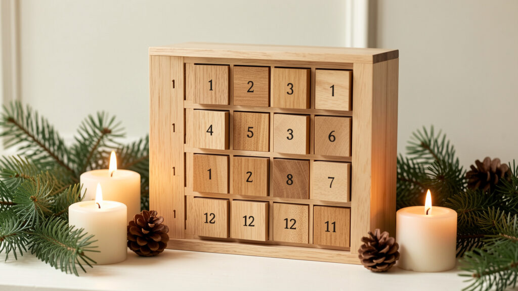 Calendrier de l’Avent en bois entouré de branches de sapin, de pommes de pin et de bougies dans une composition décorative sobre.