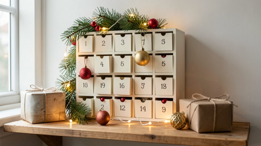 Décoration sobre autour d’un calendrier de l’Avent fait de petits compartiments en papier, de branches de pin, de lumières chaudes et de quelques cadeaux.