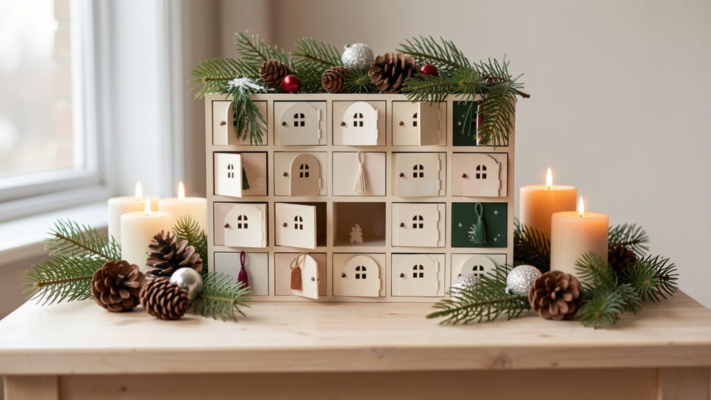 Décoration sobre représentant un calendrier de l’Avent composé de petites portes fermées, entouré de branches de sapin et de pommes de pin.