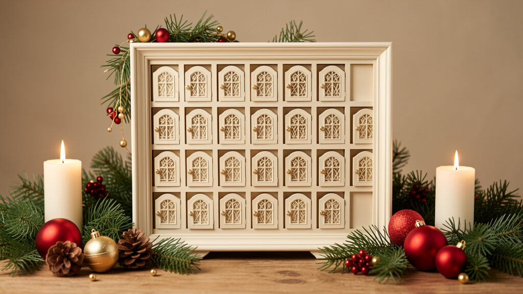 Calendrier de l’Avent décoratif en bois clair, entouré de branches de sapin, de pommes de pin et d’ornements rouges et dorés dans une ambiance chaleureuse.