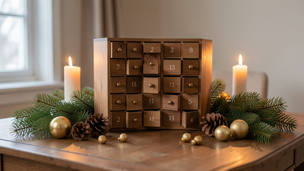 Calendrier de l’Avent en bois entouré de branches de sapin, de pommes de pin et de décorations dorées dans une ambiance chaleureuse et sobre.