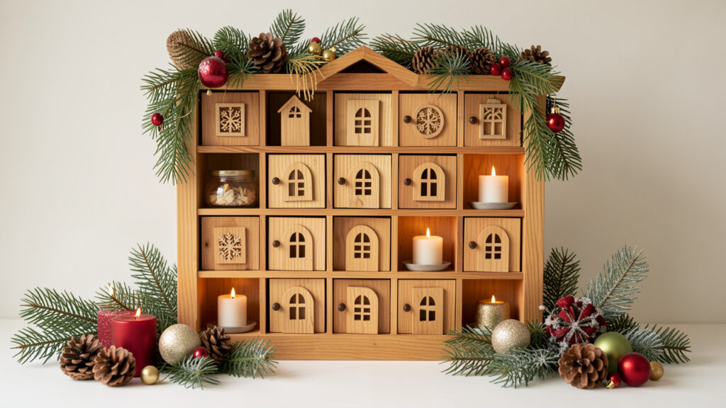 Calendrier de l’Avent décoratif en bois entouré de branches de sapin, de pommes de pin et de bougies dans une ambiance hivernale sobre.