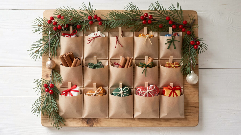 Calendrier de l’Avent fait main composé de petites pochettes en papier kraft, décoré de branches de pin, de baies rouges, de bâtons de cannelle et de petits ornements.