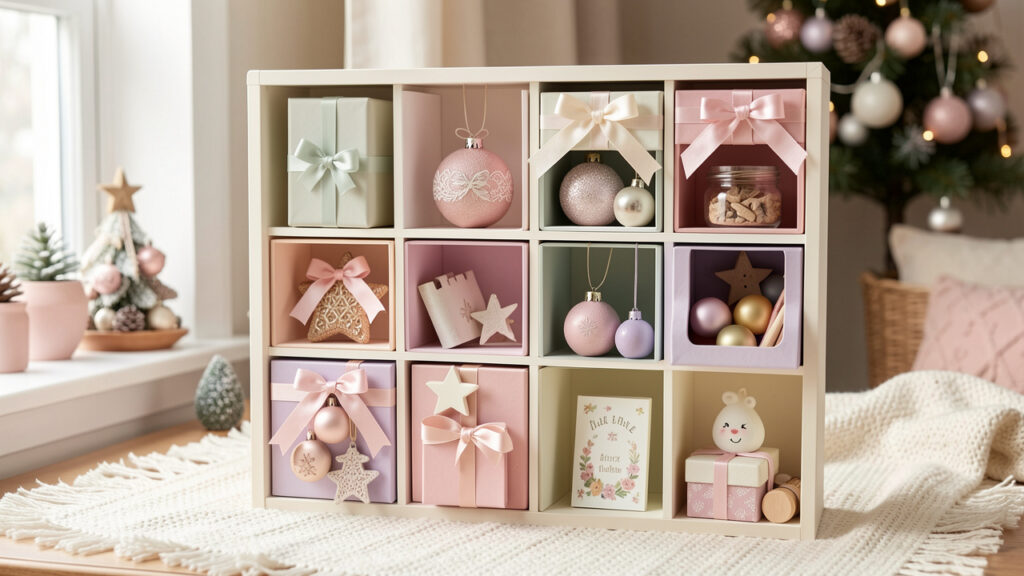 Calendrier de l’Avent décoratif aux couleurs pastel, entouré de petits cadeaux, rubans, étoiles et accessoires évoquant différents loisirs, dans une mise en scène éditoriale sobre.