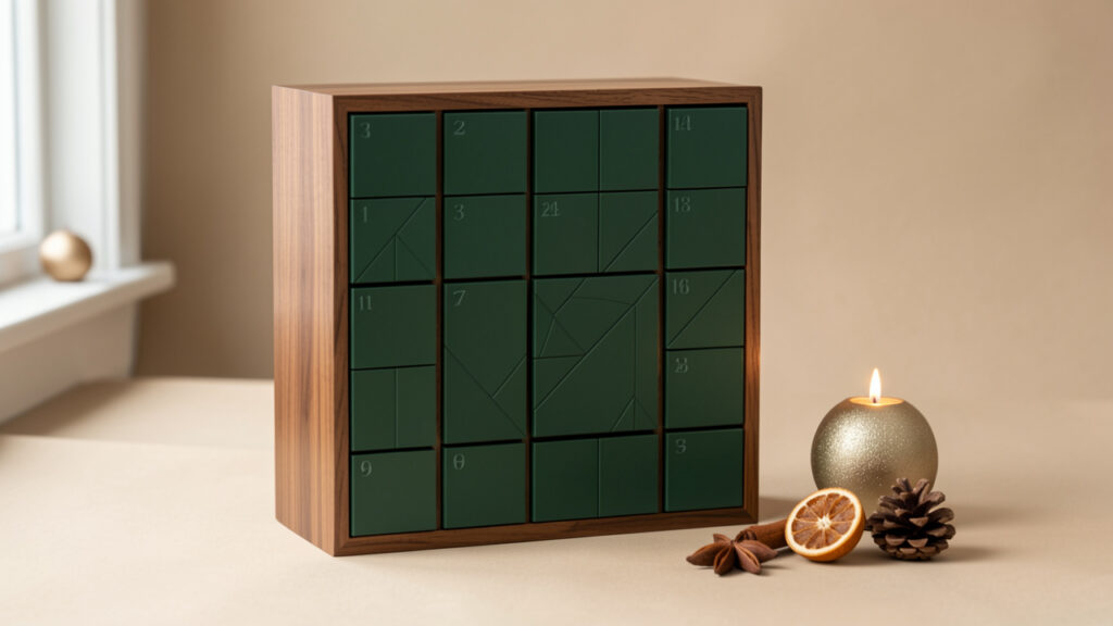 Calendrier de l’Avent élégant aux tons vert forêt et bois noyer, présenté comme une décoration de Noël sobre et raffinée.
