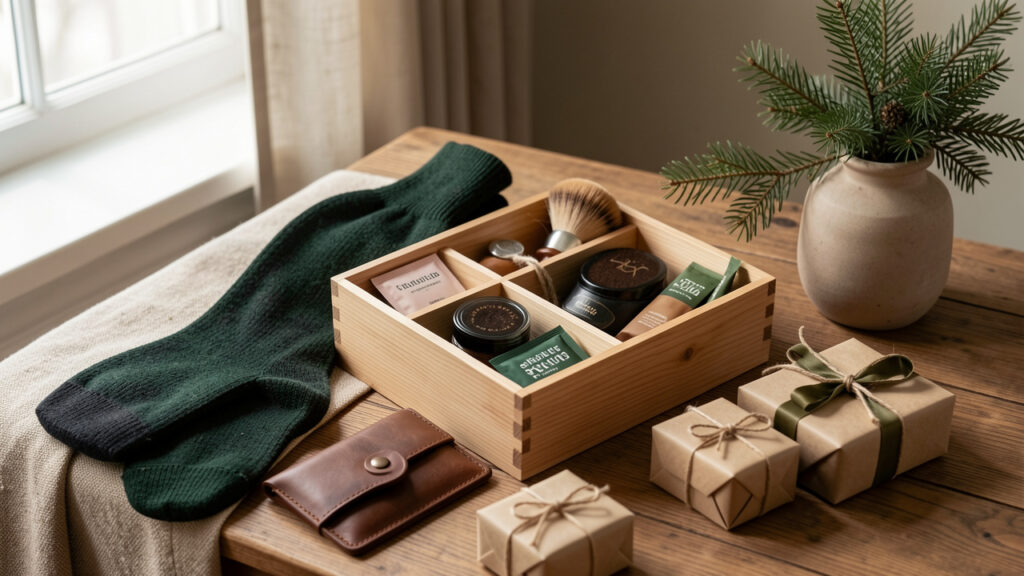 Composition éditoriale sobre présentant un calendrier de l’Avent en bois entouré de petits cadeaux et d’accessoires masculins dans des tons naturels et chaleureux.