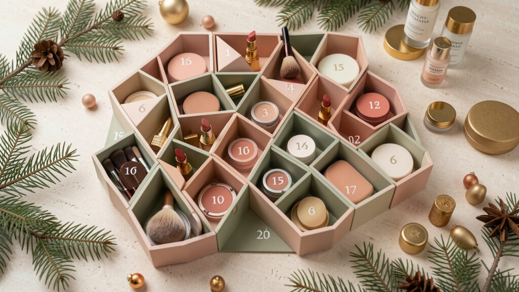 Composition éditoriale sobre d’un calendrier de l’Avent beauté décoré de petits produits de maquillage, de branches de sapin et d’éléments saisonniers dans des tons doux.