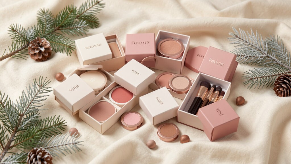 Composition éditoriale sobre présentant un calendrier de l’Avent maquillage abordable, entouré de petites décorations hivernales dans des tons beige, rose poudré et crème.