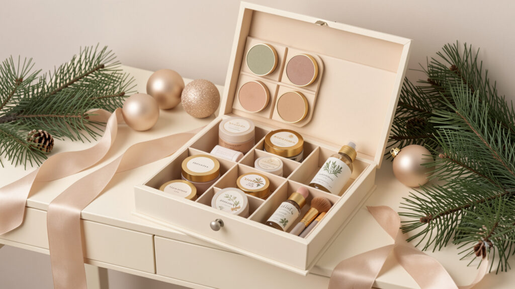 Calendrier de l’Avent ouvert contenant des produits de maquillage et de soins, décoré de branches de pin, de rubans et d’ornements aux tons beige, rose poudré, vert sauge et doré.