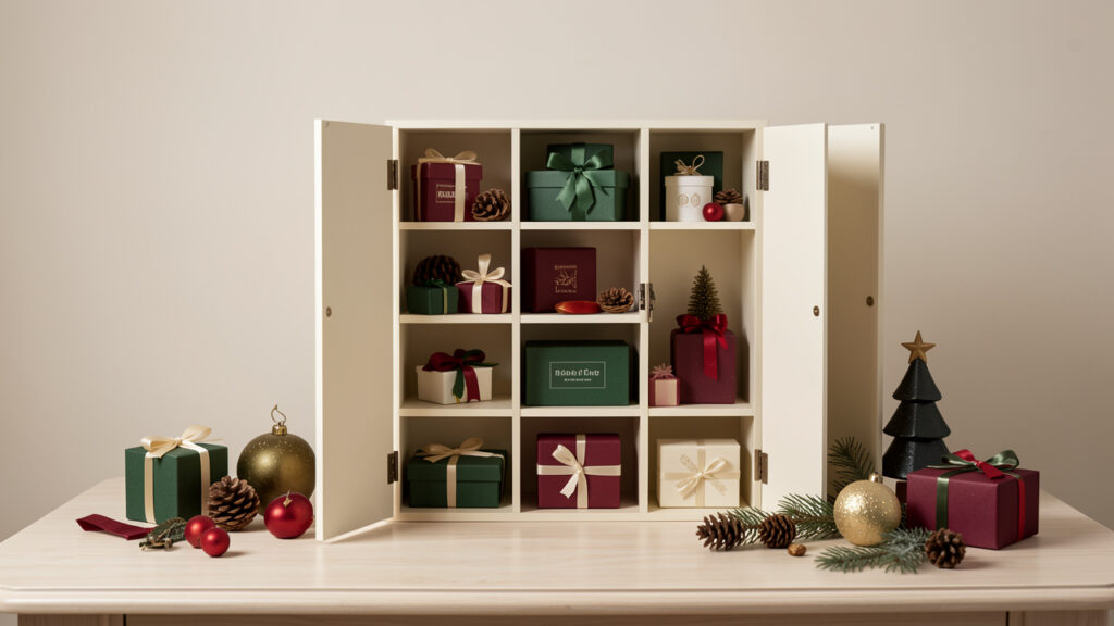 Calendrier de l’Avent à plusieurs compartiments, décoré dans des tons crème, vert sapin et bordeaux, avec de petites attentions sans marque visibles dans une composition éditoriale sobre.