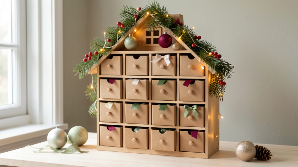 Calendrier de l’Avent fait main composé de petits tiroirs en papier kraft, décoré de branches de sapin, de lumières chaleureuses et d’ornements miniatures.