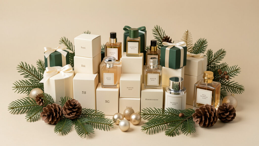 Composition éditoriale sobre présentant des miniatures de parfums et de petits coffrets décorés de feuillage hivernal.