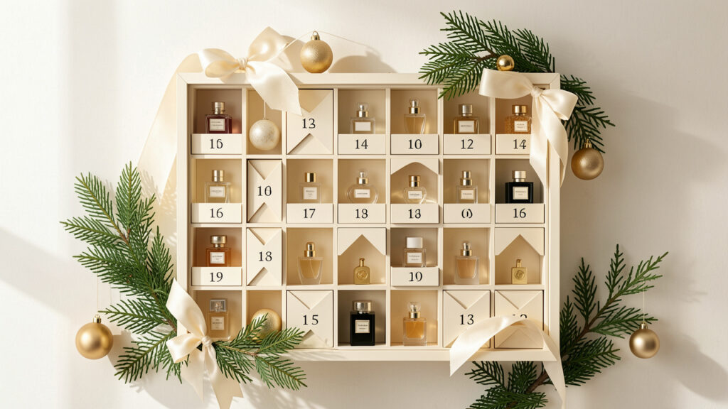 Composition éditoriale sobre présentant un calendrier de l’Avent raffiné avec de petits flacons de parfum, des branches persistantes et des décorations hivernales aux tons crème, vert profond et doré.
