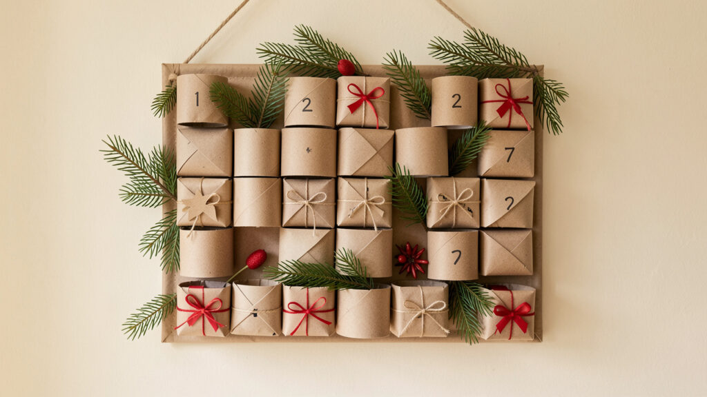 Calendrier de l’Avent décoratif fabriqué avec des rouleaux de papier toilette recyclés, agrémenté de papier kraft et de branches de sapin.