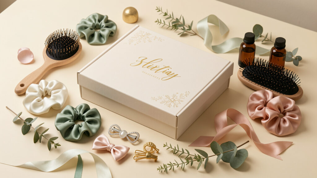 Composition éditoriale sobre d’un calendrier de l’Avent décoratif entouré de soins et d’accessoires pour les cheveux, dans des tons crème, rose poudré, vert sauge et doré.