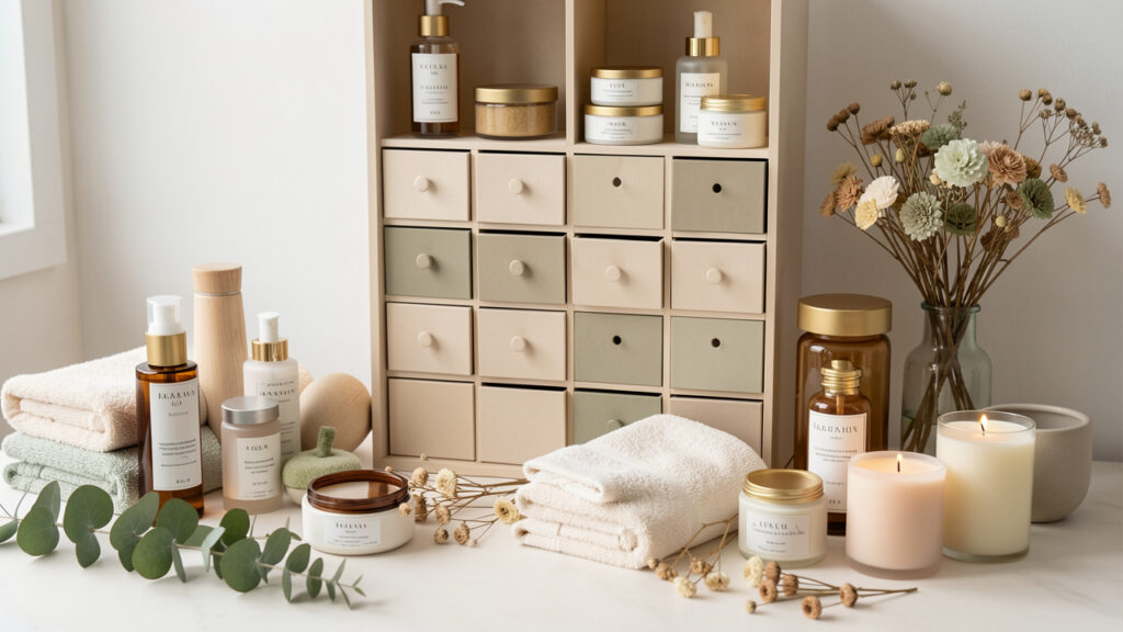 Composition décorative sobre avec un calendrier de l’Avent sans inscriptions, des soins pour le visage et le corps, des serviettes, des feuilles d’eucalyptus et des bougies dans une ambiance bien-être.