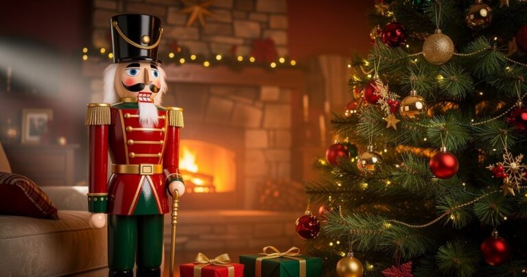 Casse-noisette géant en bois posé près d un sapin de Noël décoré