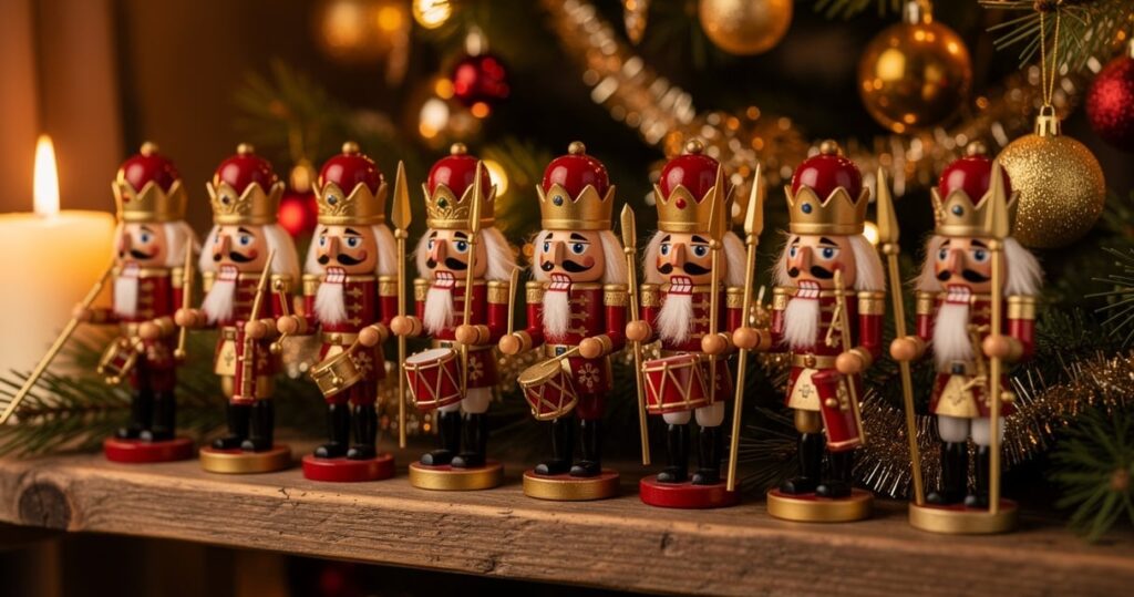 Collection de casse-noisettes en bois traditionnels sur une étagère, ambiance de Noël chaleureuse