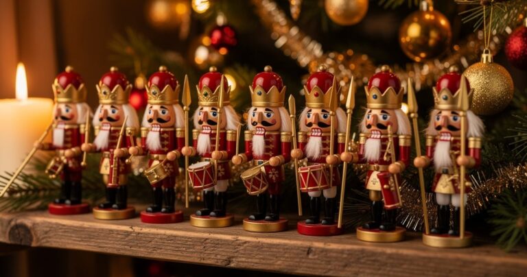 Collection de casse-noisettes en bois traditionnels sur une étagère, ambiance de Noël chaleureuse