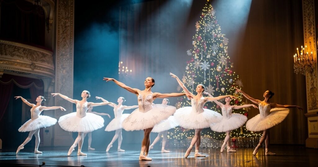 Danseuses de ballet interprétant la Valse des Flocons de neige dans le ballet Casse-Noisette