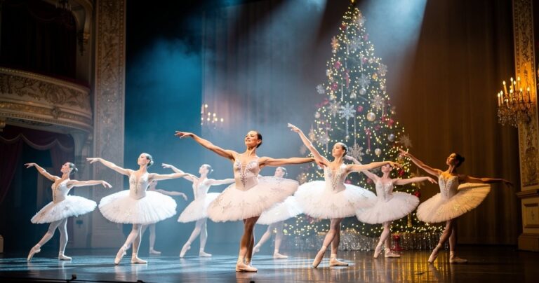 Danseuses de ballet interprétant la Valse des Flocons de neige dans le ballet Casse-Noisette