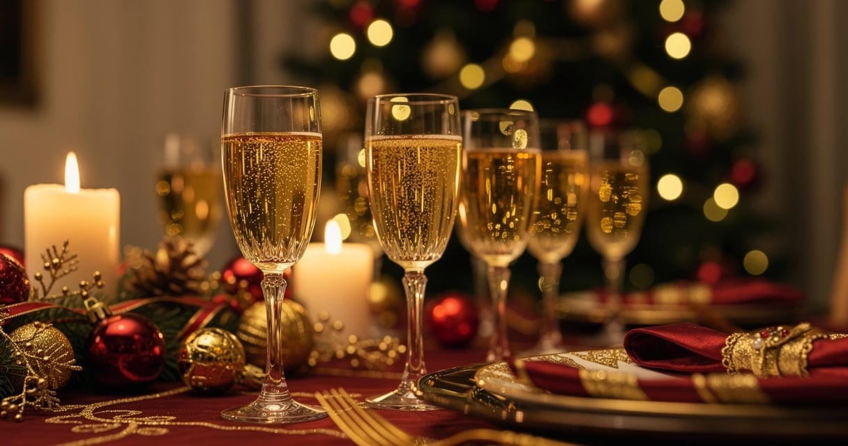 Verres tulipe remplis de vin pétillant doré sur une table de réveillon de Noël